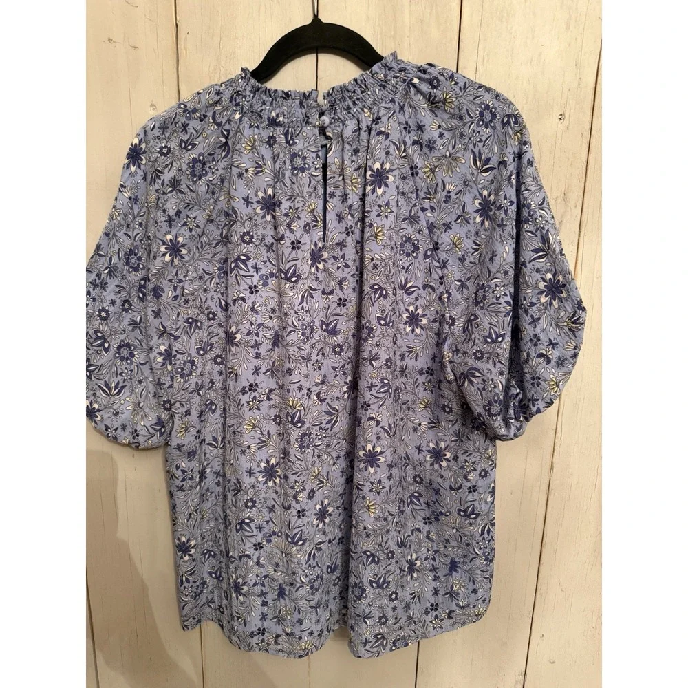 Ann Taylor LOFT Light Blue Floral Blouse Lg Puff Balloon Sleeve Cottage Core Top